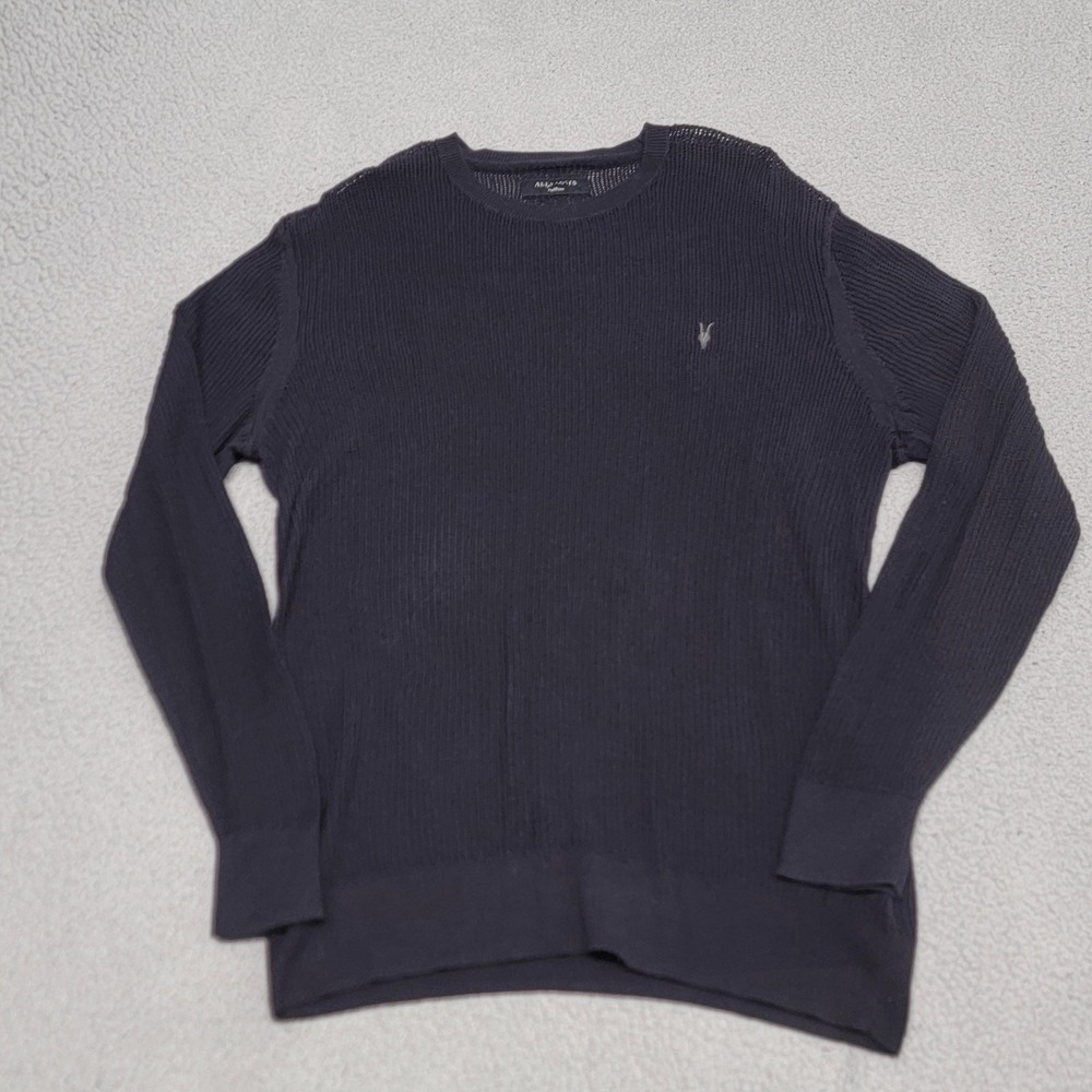 AllSaints Sweater Mens Medium Black‎ Cotton Waffle Knit Stein Crew Pullover